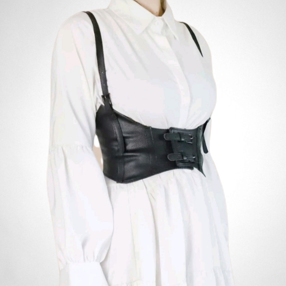 Womens Corset black vegan leather harness buckle suspenders steampunk waist belt - Picture 6 of 17